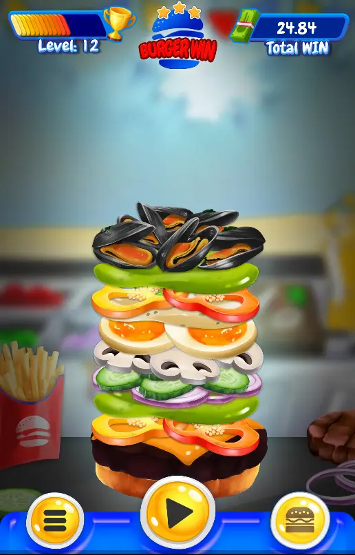 Interfaz del juego Burger Win con hamburguesa con ingredientes